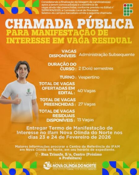 Chamada Pública para Manifestação de Interesse em Vaga Residual do curso de Administração Subsequente