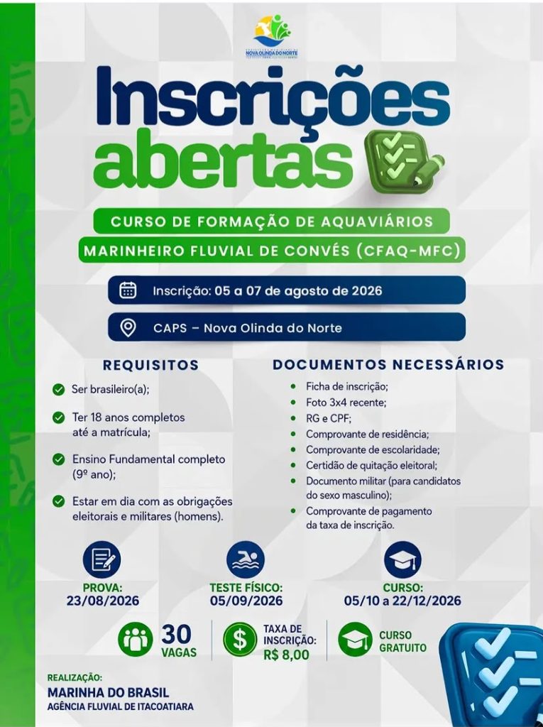 Abertas as inscrições para o Curso de Formação de Aquaviários – Marinheiro Fluvial de Convés (CFAQ-MFC)!