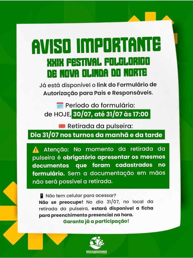 VISO IMPORTANTE – XXIX FESTIVAL FOLCLÓRICO DE NOVA OLINDA DO NORTE